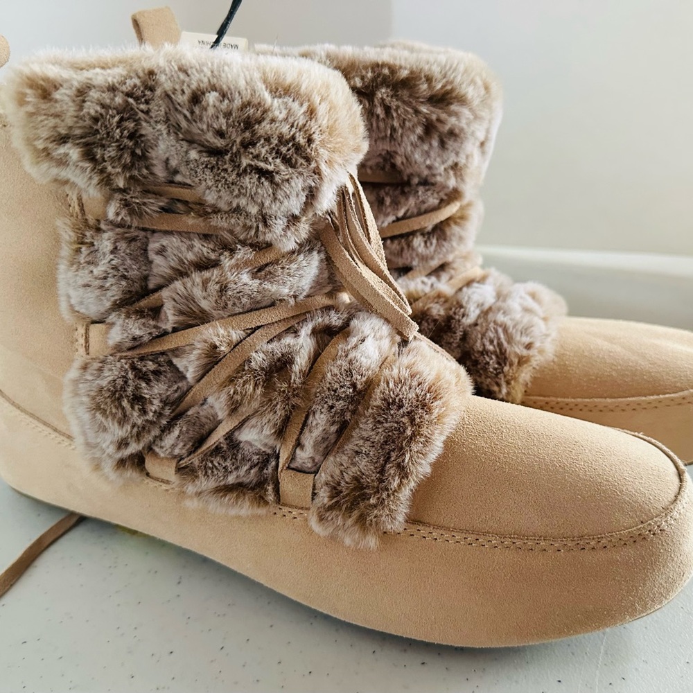 Lucky Brand Suede Tan Faux Fur Winter Boots Size 9 NWT